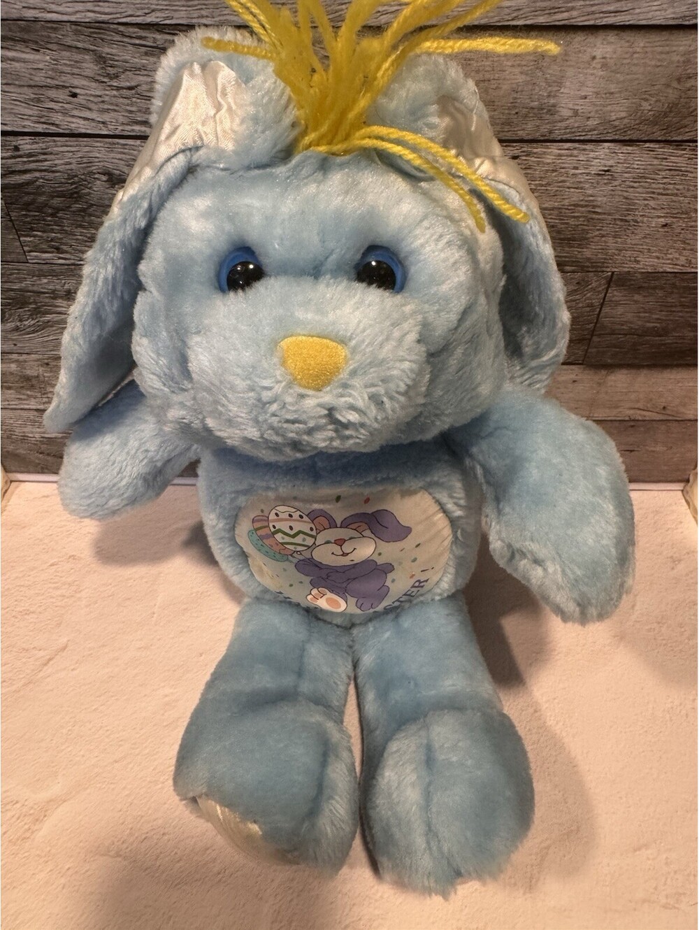 Vintage Blue Easter Bunny Rabbit Plush Happy Easter Satin Belly Yellow Yarn Hair